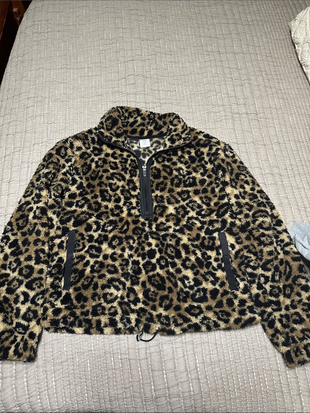 No Boundaries Leopard Print Sherpa Half-Zip Jacket - Tan & Black